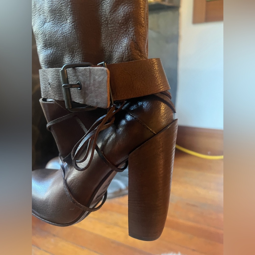 ELISANERO Italy Genuine Brown Leather Knee High Lace Up Stacked Heel Boots Rare